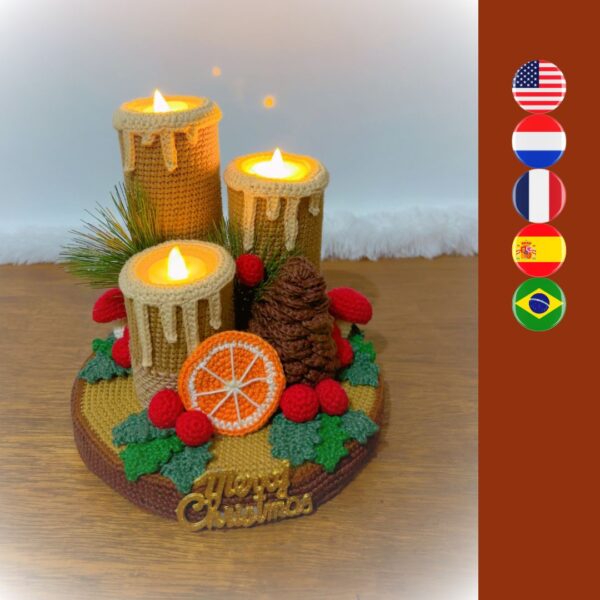 crochet Christmas candles with crochet orange slice, cherries, pine cone, holly leaves, ..