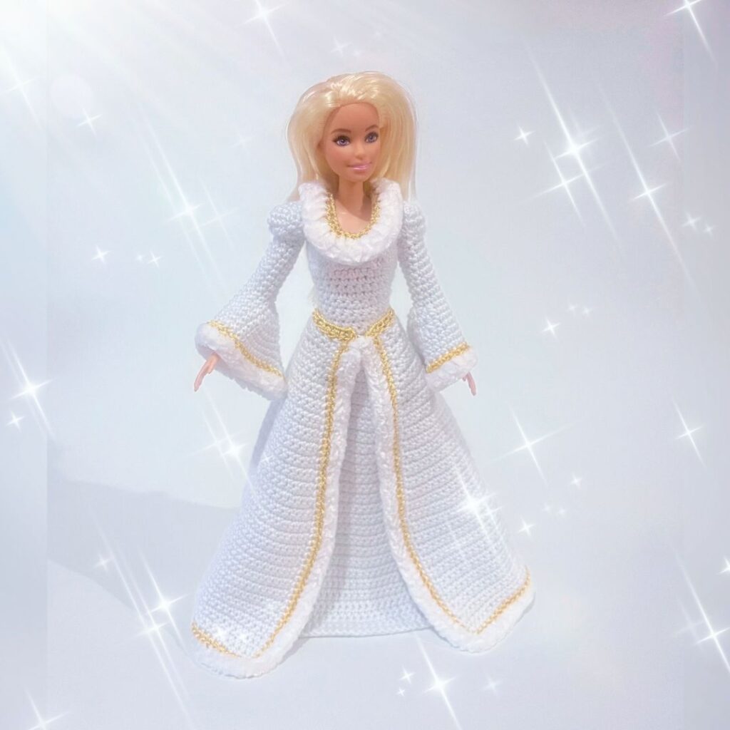 crochet Barbie dress in white with gold