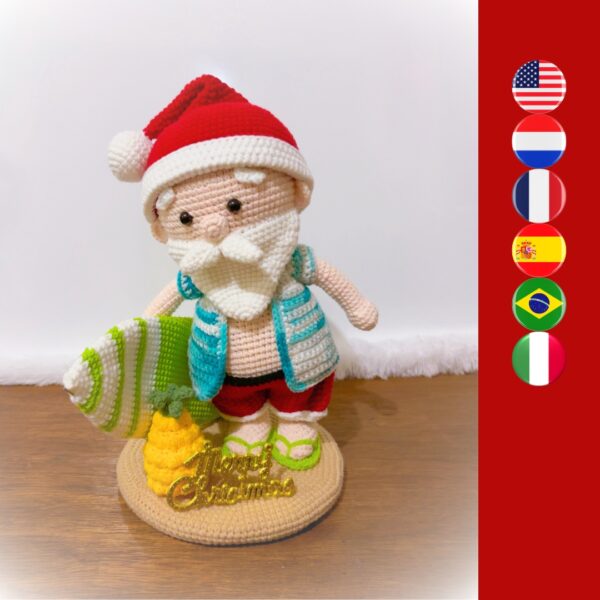 crochet tropical Santa with Hawaii shirt, surfboard and pineapple