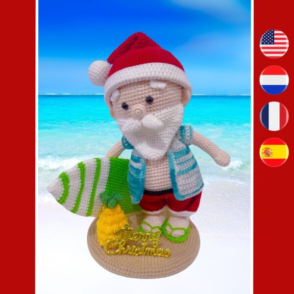 crochet Santa with surfboard and pineapple