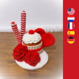 crochet Valentine cupcake with crochet roses, heart and cookies
