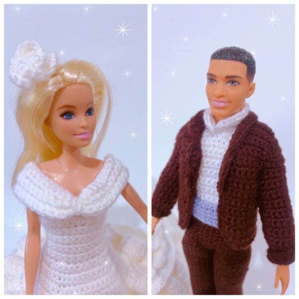 crochet Barbie wedding dress and Ken tuxedo