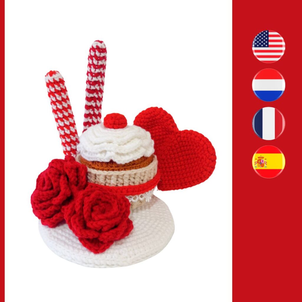 cupcake de ganchillo de San Valentín con corazón, galletas y rosas
