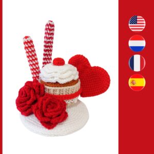 crochet Valentine cupcake with heart, cookies and roses