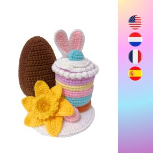 crochet pudding with Easter bunny ears, an Easter egg, candy and crochet daffodil