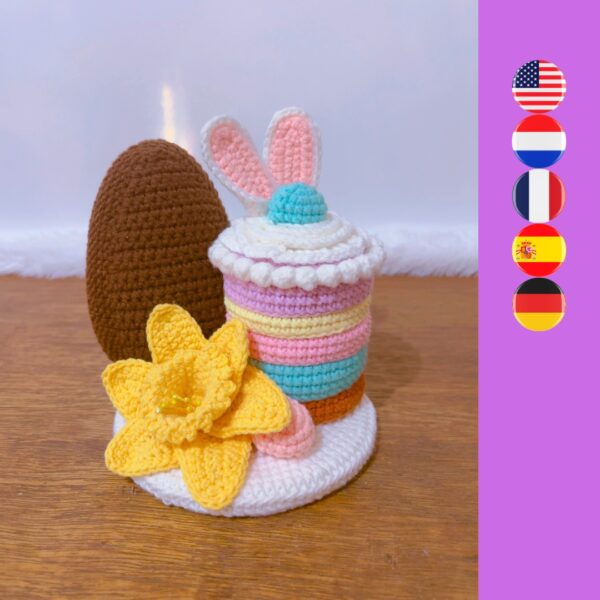 crochet Easter cake roll with crochet Easter egg with crochet daffodil