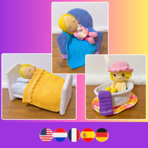 crochet dolls in crochet bath, crochet bed and crochet sofa
