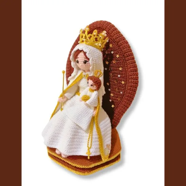 crochet Virgin Mary with Jesus on crochet throne