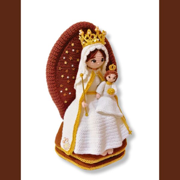 crochet Virgin Mary with Jesus on crochet throne