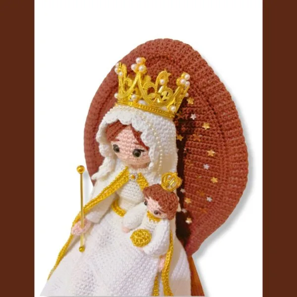 crochet Virgin Mary with Jesus on crochet throne