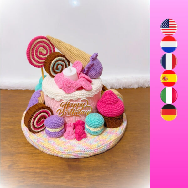crochet birthday cake with crochet ice cream, donut, macaron, cupcake, bonbon, cake roll, candle