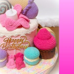 crochet birthday cake with crochet ice cream, donut, macaron, cupcake, bonbon, cake roll, candle