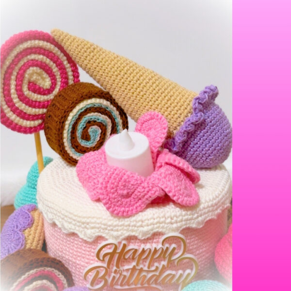 crochet birthday cake with crochet ice cream, donut, macaron, cupcake, bonbon, cake roll, candle