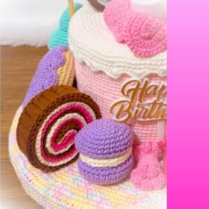 crochet birthday cake with crochet ice cream, donut, macaron, cupcake, bonbon, cake roll, candle
