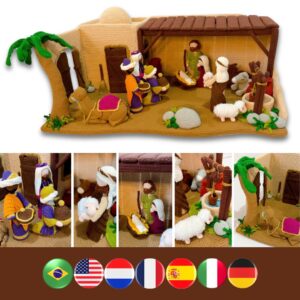 crochet nativity set with holy family, dromedary, ox, donkey, shepherd, sheep, wise men, well, pots, broom, stable, palm tree