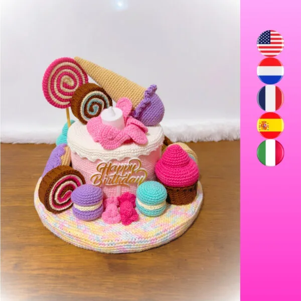 crochet birthday cake with crochet ice cream cone, cupcakes, macarons, cake, lollypops, bonbons