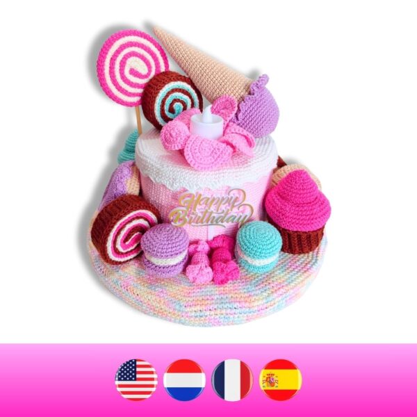 crochet birthday cake with crochet ice cream, macaroons, cupcakes, donuts, bonbons