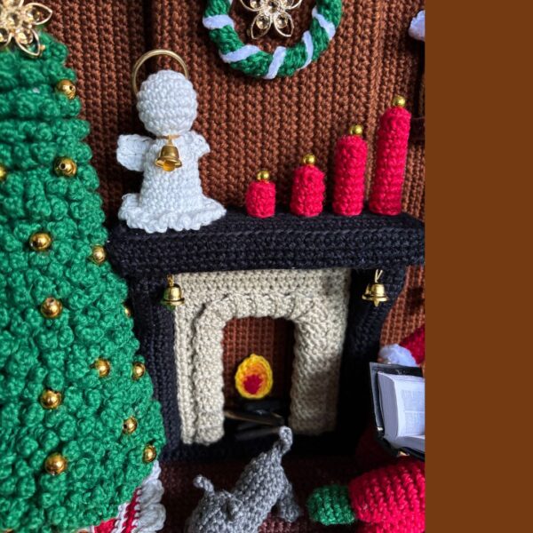 crochet lady doll in crochet living room with Christmas tree, cat, carpet, fireplace, cuckoo clock, Christmas wreath, candles