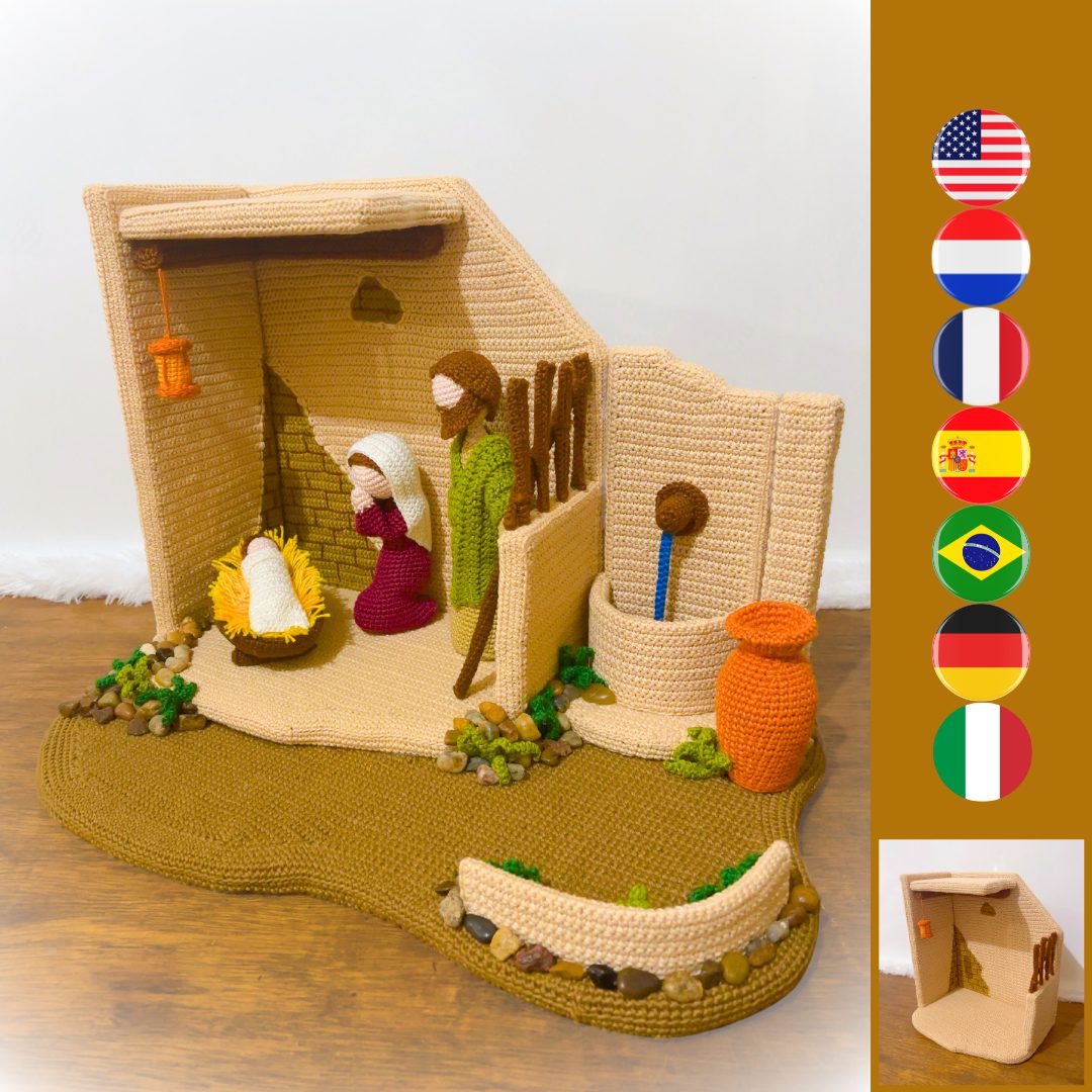crochet nativity set with Mary, Joseph, Jesus, a water wall, pots, manger, crib, garden