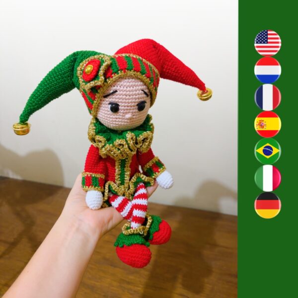 crochet harlequin in Christmas clothing