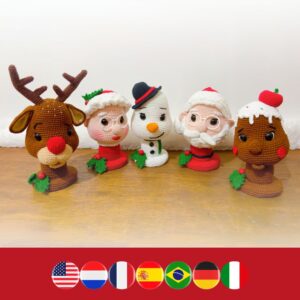 crochet busts of Santa, Mrs Claus, snowman, reindeer, gingerbread man