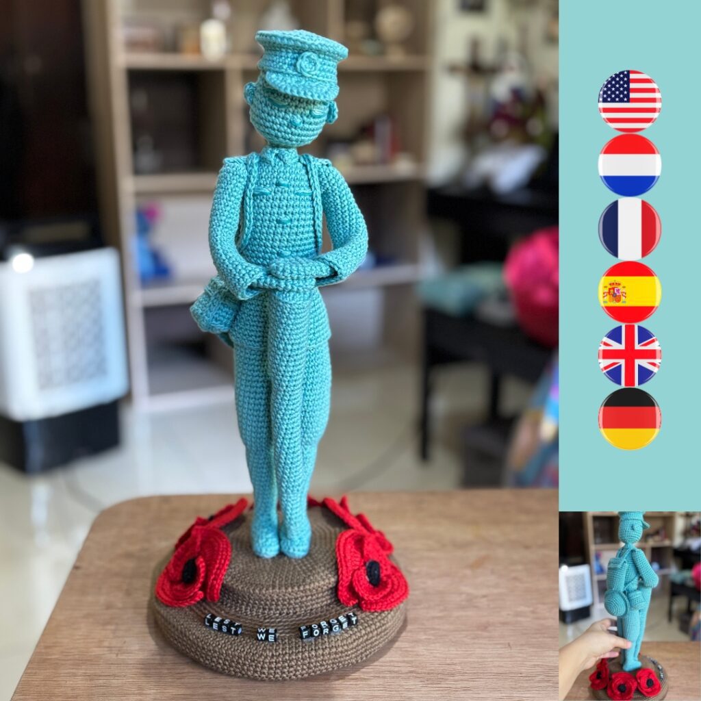 crochet soldier monument with poppies