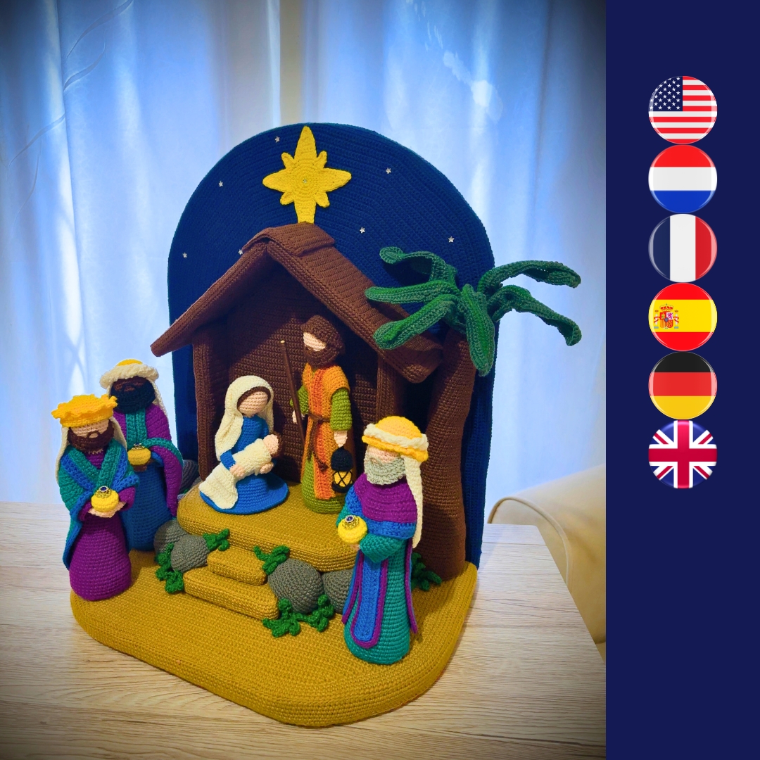 Noche Santa nativity set crochet nativity set with holy family, palm tree, 3 wise men, star and stable
