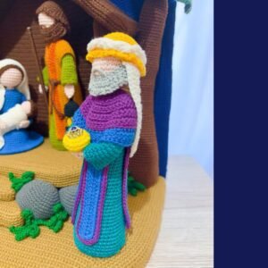 crochet nativity set with holy family, palm tree, 3 wise men, star and stable