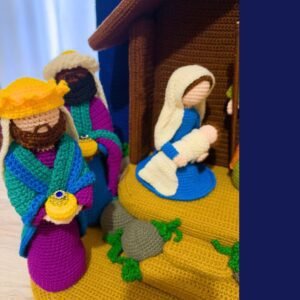 crochet nativity set with holy family, palm tree, 3 wise men, star and stable