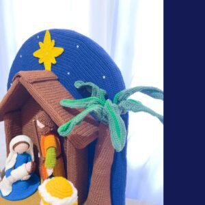 crochet nativity set with holy family, palm tree, 3 wise men, star and stable