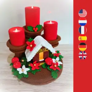 crochet Christmas candles with crochet poinsettia, gingerbread house, holly leaves and mushrooms