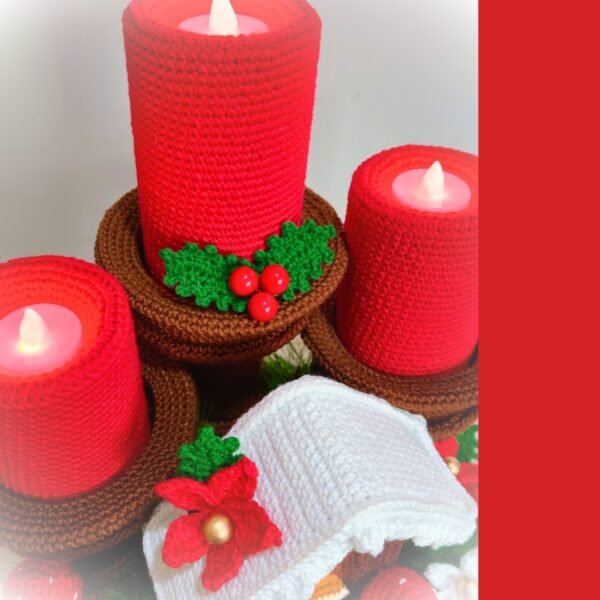 crochet Christmas candles with crochet poinsettia, gingerbread house, holly leaves and mushrooms