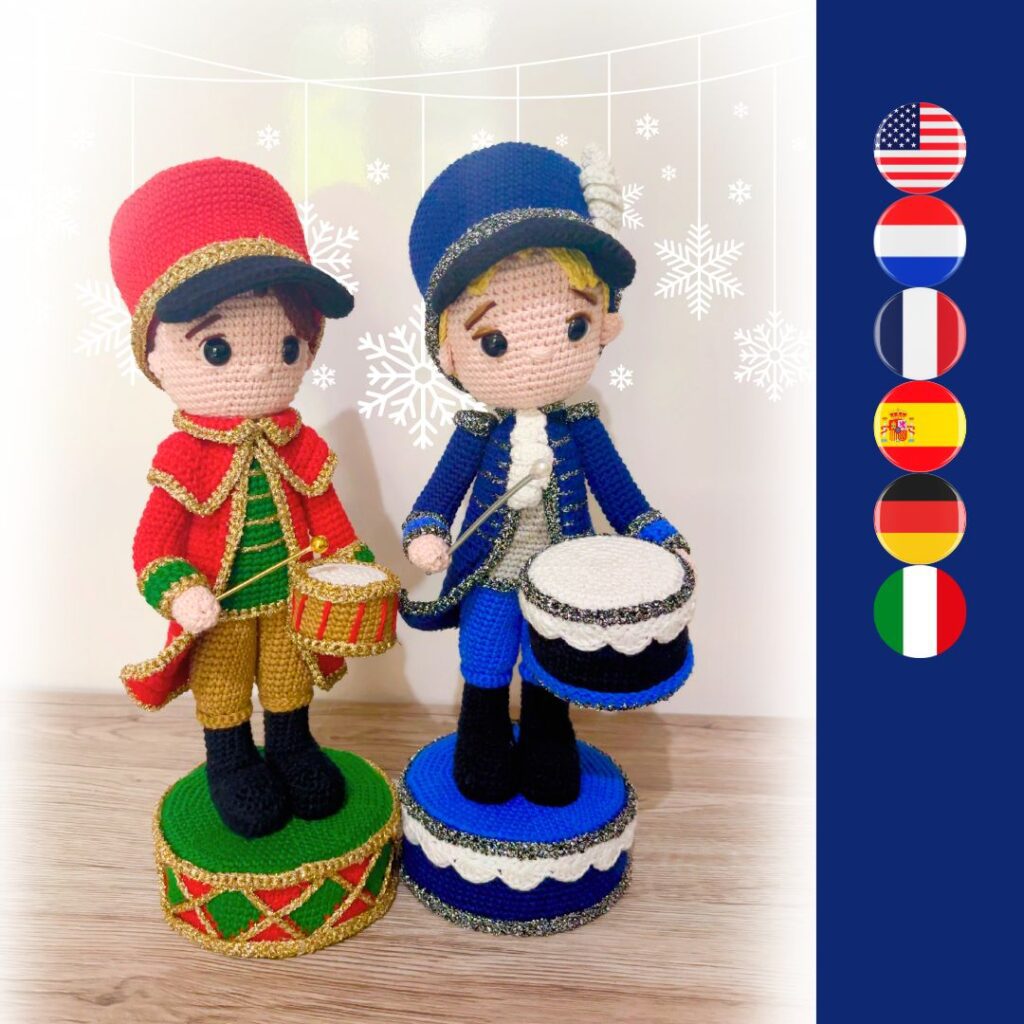 Conjunto 2 em 1 do menino baterista de Natal bonecos de crochê do pequeno baterista