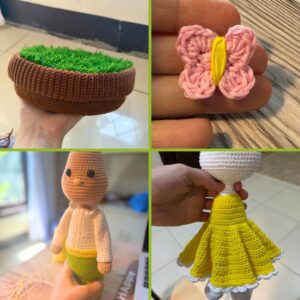 crochet Easter bunny boy and girl with butterflies, standing on a basket with grass in it