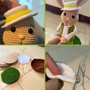 crochet Easter bunny boy and girl with butterflies, standing on a basket with grass in it