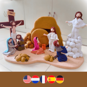 crochet 3in1 set of Jesus's crucifix, resurrection and ascension. With a crochet Jesus, Mary, Mary Magdalen, John the apostle and Peter the Apostle