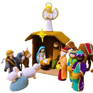 Craftygenesindoensia nativity set crochet nativity set with stable, holy family, three wise men, shepherd, sheep, camel and angel