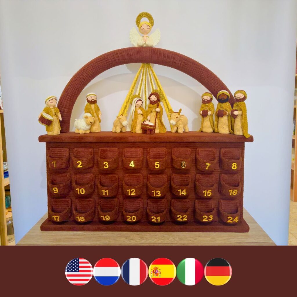 gehaakte adventskalender met een gehaakte kerststal bovenop