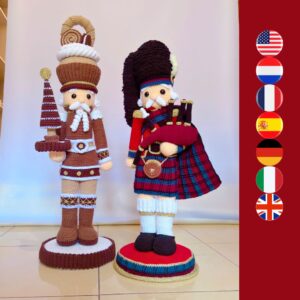 crochet nutcrackers, 1 gingerbread and 1 Scottish bagpiper
