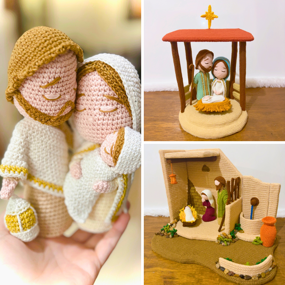 a collage of 3 crocheted nativity set