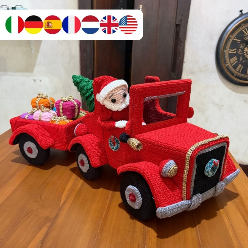 Carro e reboque vintage de Natal em crochê, com o Papai Noel, árvore de Natal e presentes