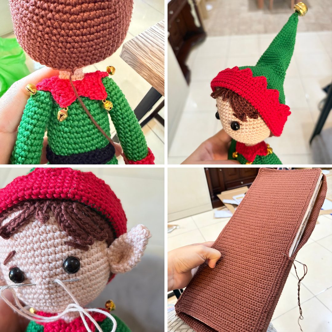 crochet elf on crochet wood, surrounded by poinsettias, holly leaves, mushrooms and a lantern