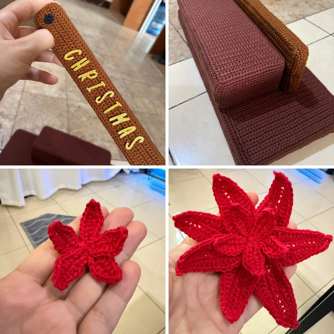 crochet elf on crochet wood, surrounded by poinsettias, holly leaves, mushrooms and a lantern
