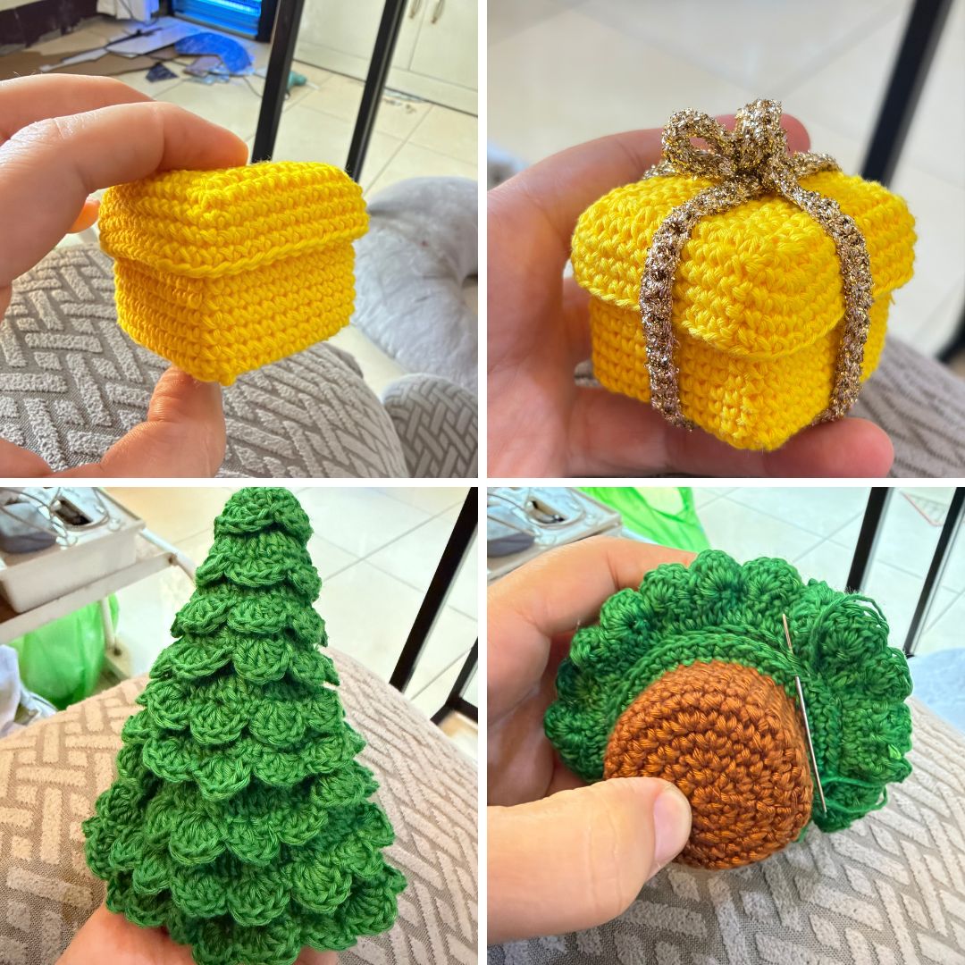 Sapin de Noël au crochet avec des boîtes-cadeaux au crochet