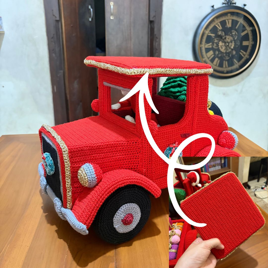 Voiture et remorque vintage au crochet représentant le Père Noël, avec un sapin de Noël et des cadeaux