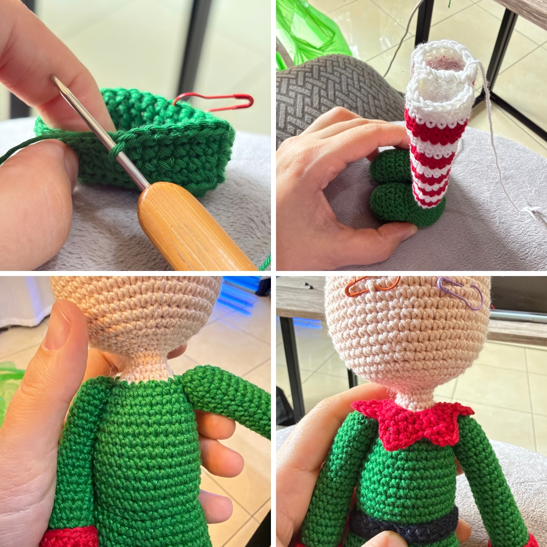crochet elf on crochet wood, surrounded by poinsettias, holly leaves, mushrooms and a lantern